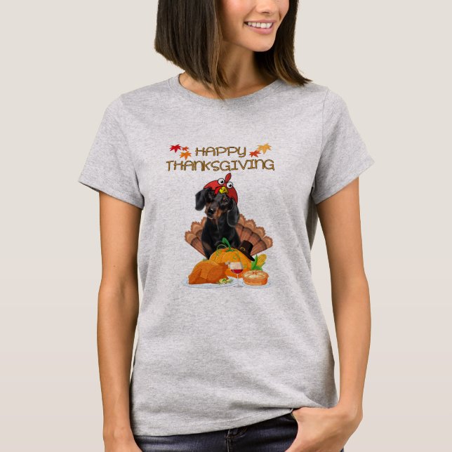 Happy Thanksgiving Day Dachshund Gift Dog Funny T-Shirt (Front)