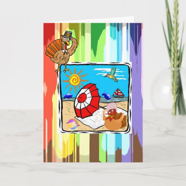 Happy Thanksgiving Day Greeting Card, Beach Turkey Holiday Card (Front)