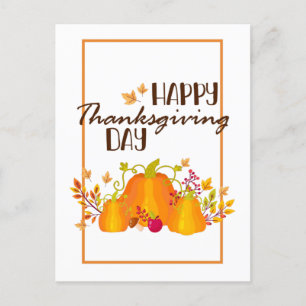 Happy Thanksgiving Day Pumpkin with Leaves Fall Holiday Postcard