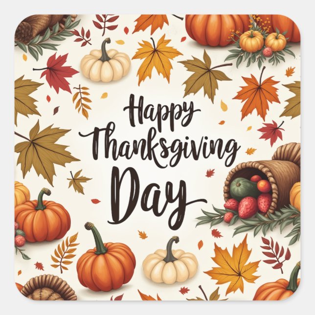 Happy Thanksgiving Day Square Stickers (Front)