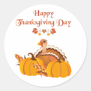Happy Thanksgiving Day Turkey with Pumpkins Classic Round Sticker