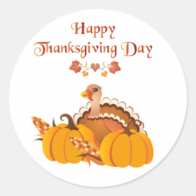 Happy Thanksgiving Day Turkey with Pumpkins Classic Round Sticker (Front)