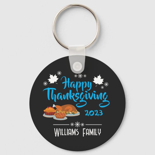 Happy Thanksgiving Day with Family Name & Year Keychain (Front)