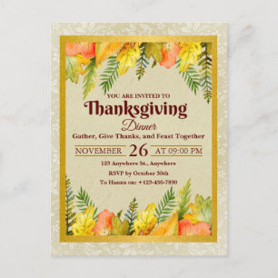 Happy Thanksgiving Dinner Colourful Leaves Holiday Postcard