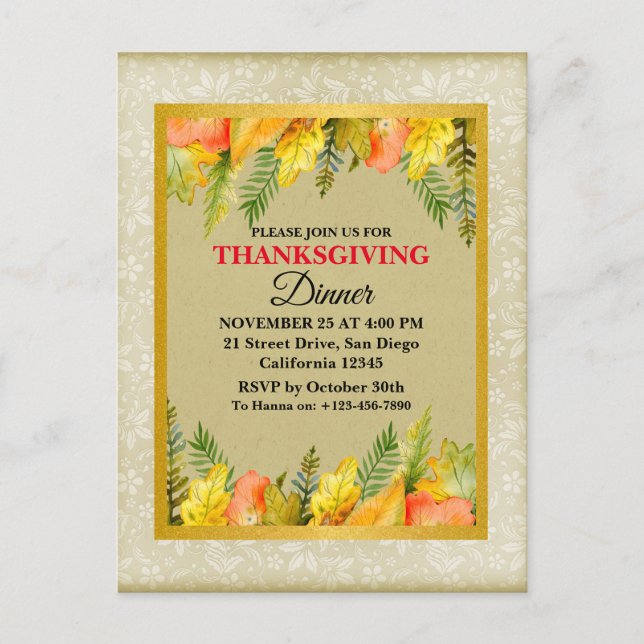 Happy Thanksgiving Dinner Colourful Leaves Holiday Postcard (Front)