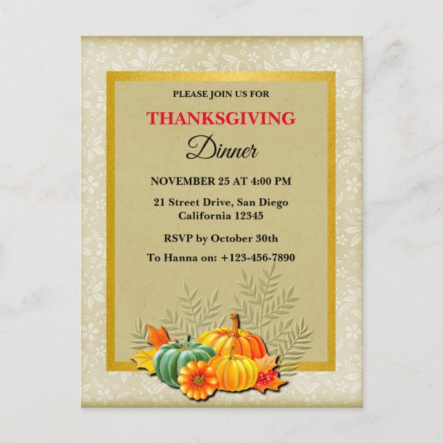 Happy Thanksgiving Dinner Pumpkin and Leaves  Holiday Postcard (Front)