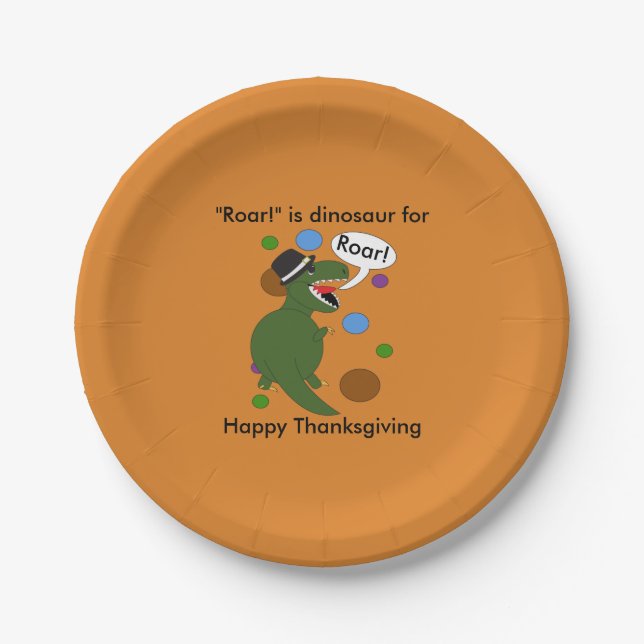 Happy Thanksgiving Dinosaur Roar Funny Personalize Paper Plate (Front)