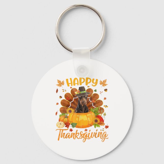 Happy Thanksgiving Doberman Dog Turkey Pumpkin  Keychain (Front)