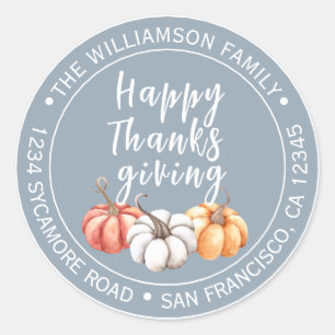 Happy Thanksgiving Dusty Blue Name Return Address  Classic Round Sticker