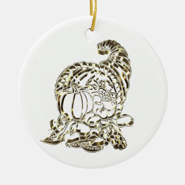 Happy Thanksgiving Elegant Golden Cornucopia Ceramic Ornament (Front)