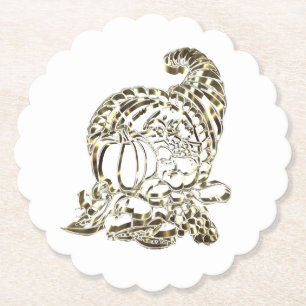 Happy Thanksgiving Elegant Golden Cornucopia Paper Coaster