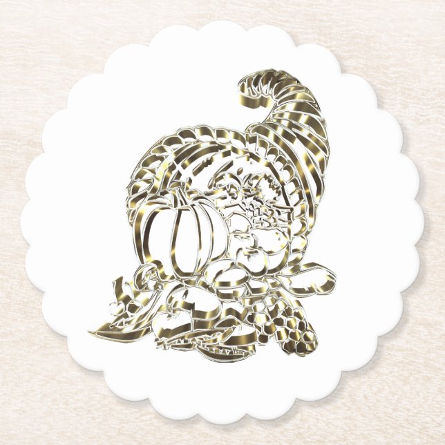 Happy Thanksgiving Elegant Golden Cornucopia Paper Coaster (Front)