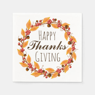 Happy Thanksgiving Fall Autumn Leaves Wreath Napkin
