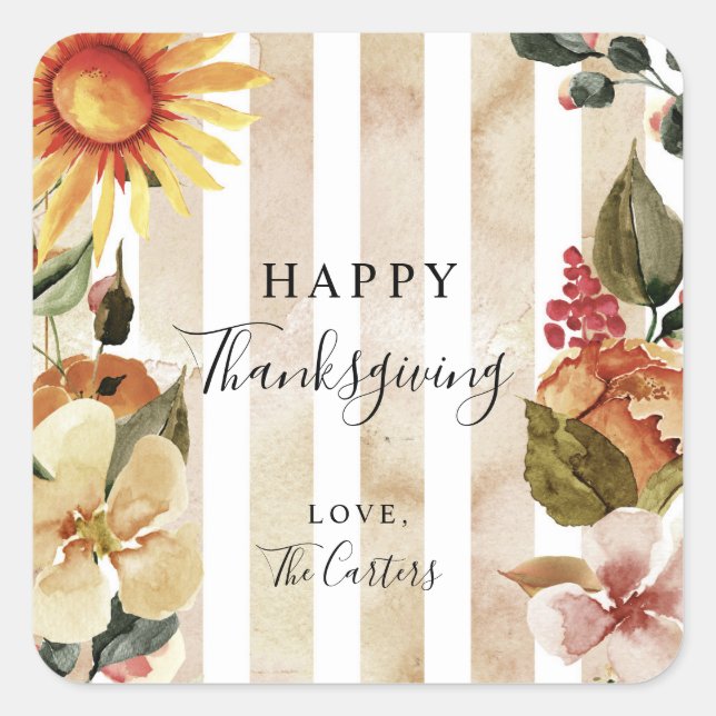 Happy Thanksgiving Fall Autumn Watercolor Flowers Square Sticker (Front)