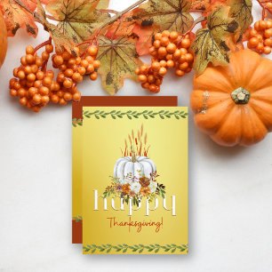 Happy Thanksgiving Fall Floral Pumpkin Flat Yellow Holiday Card