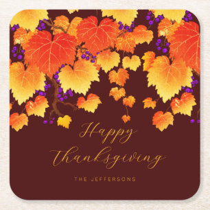 Happy Thanksgiving Fall Foliage Orange Gold Leaves Square Paper Coaster