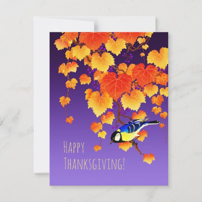 Happy Thanksgiving Fall Grape Vine Great Tit Bird Holiday Card (Front)