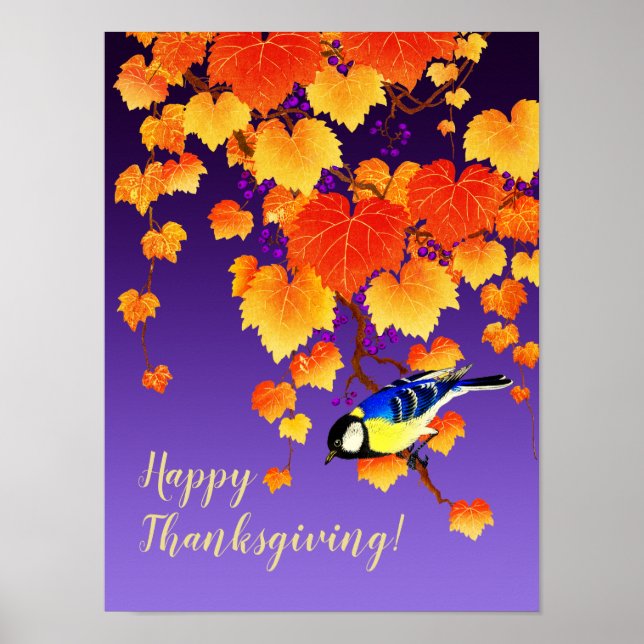 Happy Thanksgiving Fall Grape Vine Great Tit Bird Poster (Front)
