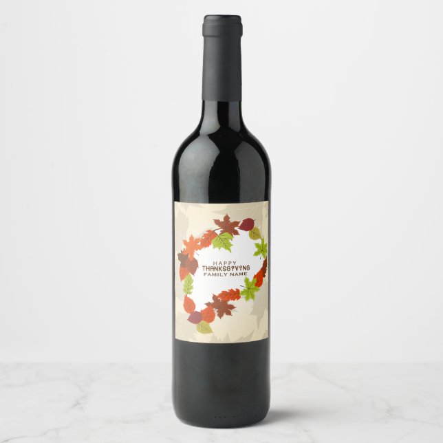 Happy Thanksgiving Fall Leafs Frame Wine Label (Front)