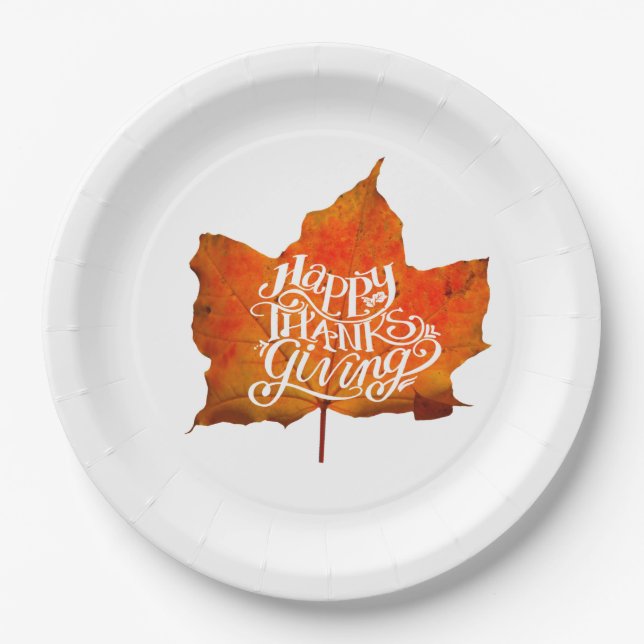 HAPPY THANKSGIVING FALL LEAVES AUTUMN LEAF  PAPER PLATE (Front)