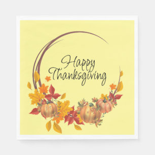 HAPPY THANKSGIVING Fall Leaves Pumpkins Wreath Napkin