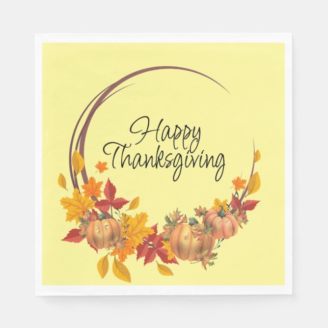 HAPPY THANKSGIVING Fall Leaves Pumpkins Wreath Napkin (Front)