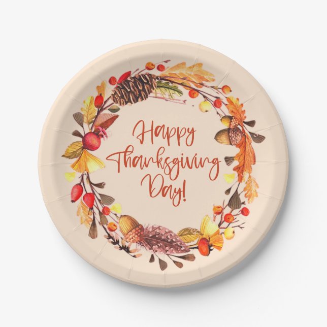 Happy Thanksgiving Fall Leaves Wreath Party Decor Paper Plate (Front)