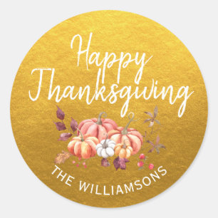 Happy Thanksgiving Fall Pumpkin Classic Gold Classic Round Sticker