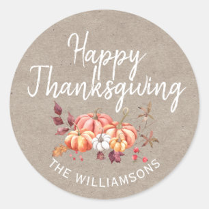 Happy Thanksgiving Fall Pumpkin Kraft Paper Classic Round Sticker