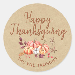 Happy Thanksgiving Fall Pumpkin Kraft Paper Classic Round Sticker