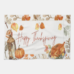 Happy Thanksgiving Fall Pumpkin & Turkey  Kitchen Towel