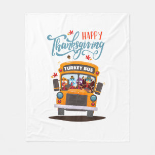 Happy Thanksgiving Fall Turkey Thankful School Bus Fleece Blanket