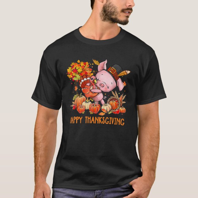 Happy Thanksgiving Fall Turkey With Dabbing Pig We T-Shirt (Front)