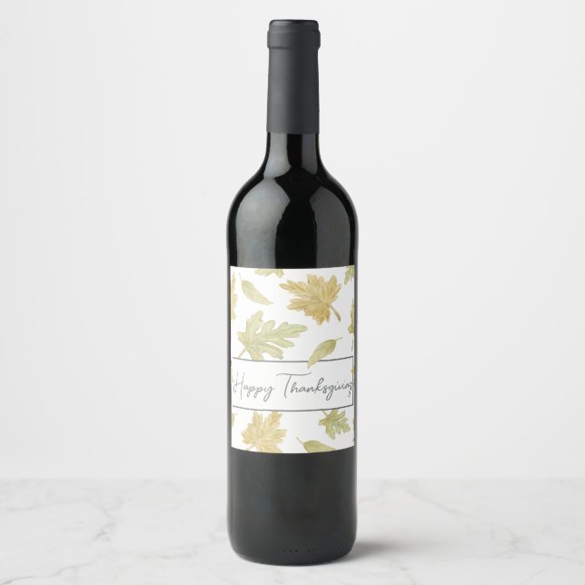 Happy Thanksgiving Fall Watercolor Leaves  Wine Label (Front)