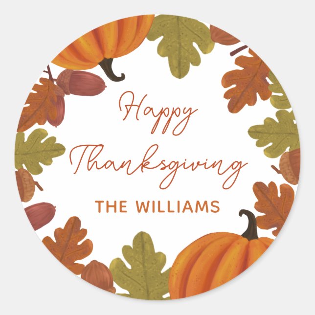 Happy Thanksgiving  Family Name Autumn   Classic Round Sticker (Front)