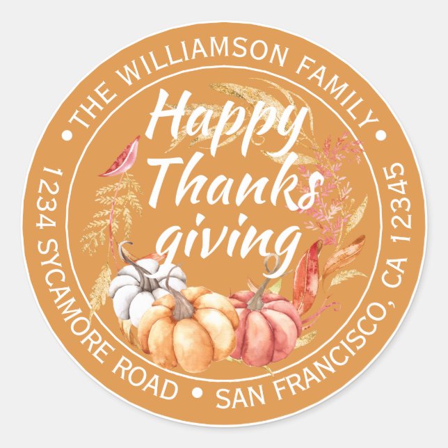 Happy Thanksgiving Family Name Return Address Classic Round Sticker (Front)