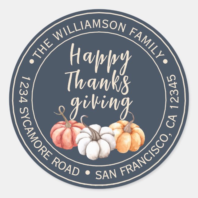 Happy Thanksgiving Family Name Return Address Classic Round Sticker (Front)