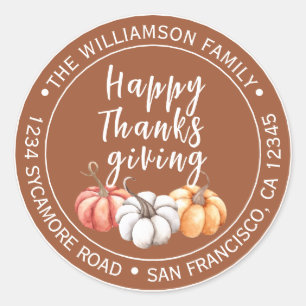 Happy Thanksgiving Family Name Return Address  Classic Round Sticker