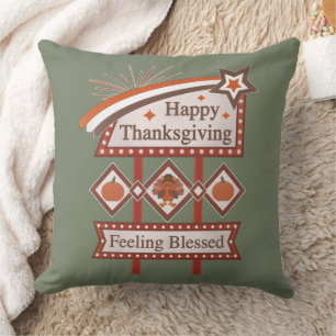Happy Thanksgiving Feeling Blessed Retro Sign Throw Pillow