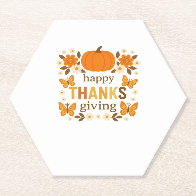 Happy Thanksgiving Floral Pumpkin Classic T-Shirt Paper Coaster (Front)