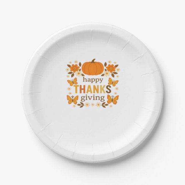 Happy Thanksgiving Floral Pumpkin Classic T-Shirt Paper Plate (Front)