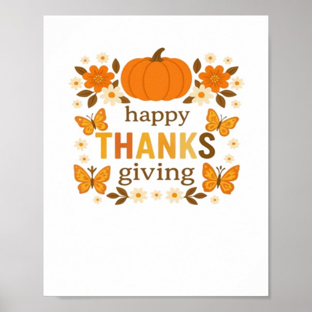 Happy Thanksgiving Floral Pumpkin Classic T-Shirt Poster (Front)