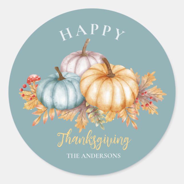 Happy Thanksgiving floral pumpkins blue Classic Round Sticker (Front)