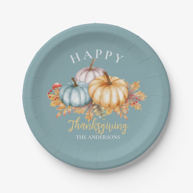 Happy Thanksgiving floral pumpkins blue Paper Plate (Front)