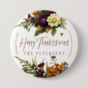 Happy Thanksgiving floral typography family name 3 Inch Round Button