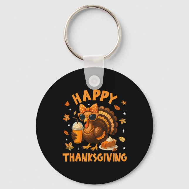 Happy Thanksgiving Funny Turkey Drinking Coffee Bo Keychain (Front)