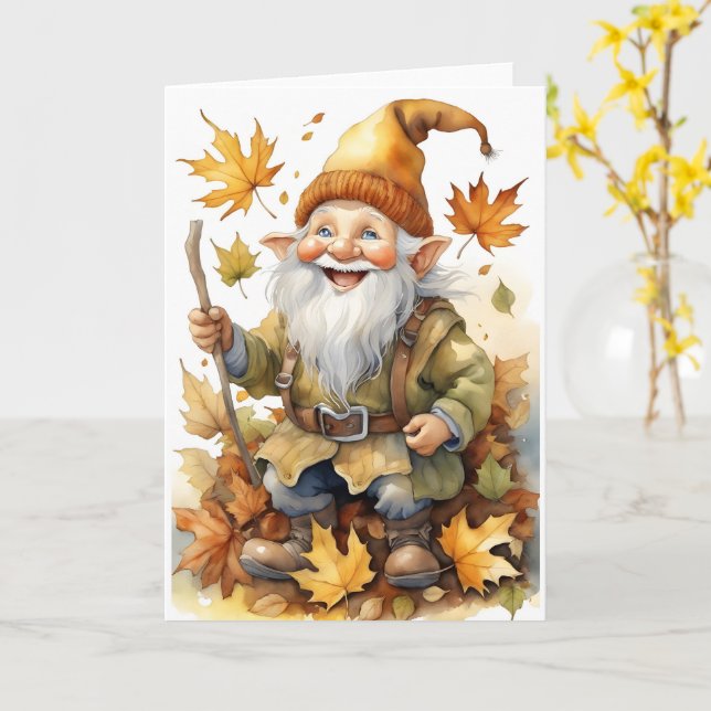 Happy Thanksgiving Gnome Fall Leaves Blank Card (Yellow Flower)