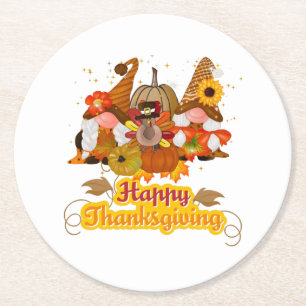 Happy Thanksgiving Gnome Trio Round Paper Coaster