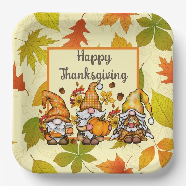 Happy Thanksgiving Gnomes Paper Plate (Front)