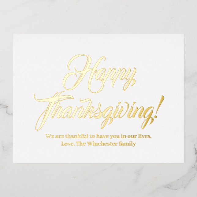 Happy Thanksgiving gold custom script elegant Foil Holiday Postcard (Front)